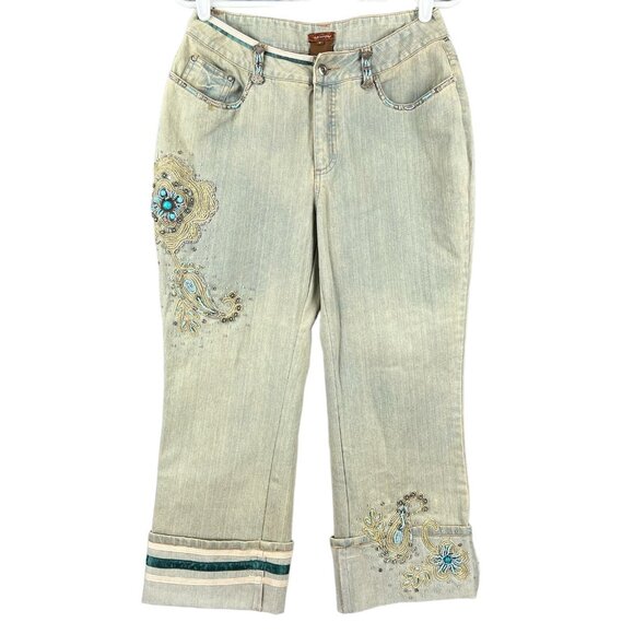 Chagall Women's Beaded Embellished Tan Crop Jeans Size 8 Cuffed Stretch Mid Rise - Picture 1 of 12